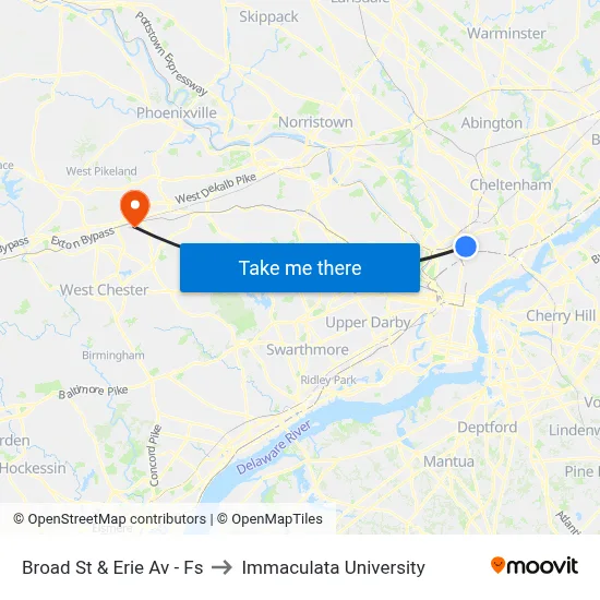 Broad St & Erie Av - Fs to Immaculata University map