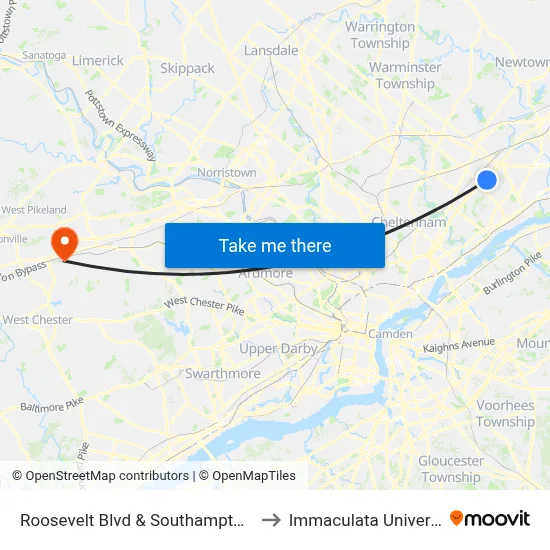 Roosevelt Blvd & Southampton Rd to Immaculata University map