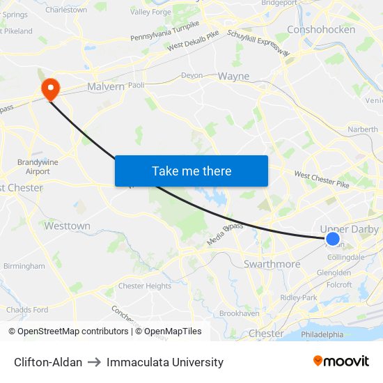 Clifton-Aldan to Immaculata University map