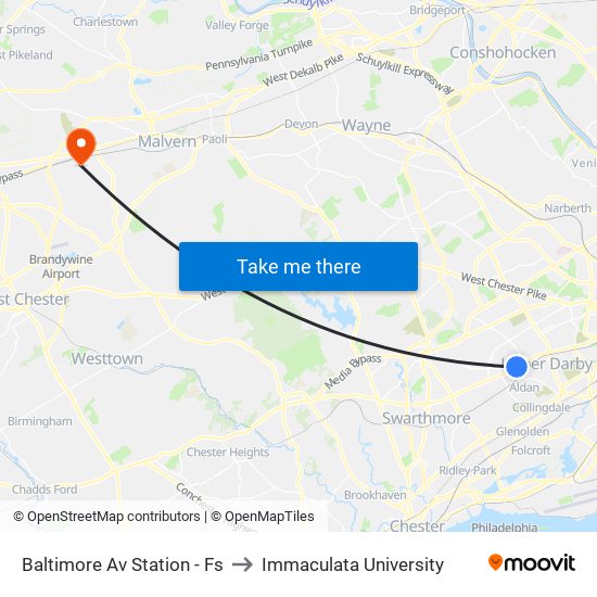 Baltimore Av Station - Fs to Immaculata University map