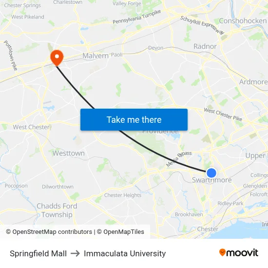 Springfield Mall to Immaculata University map