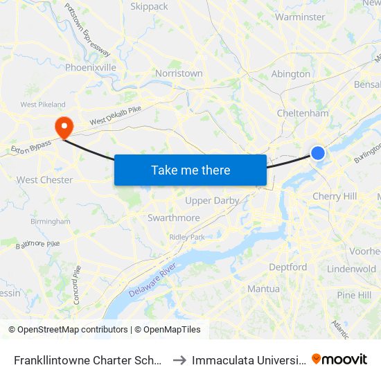 Frankllintowne Charter School to Immaculata University map