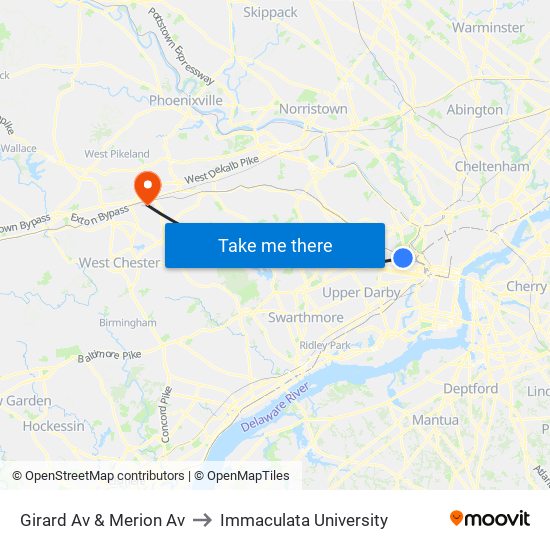 Girard Av & Merion Av to Immaculata University map