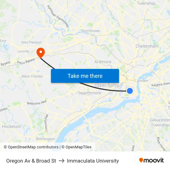 Oregon Av & Broad St to Immaculata University map