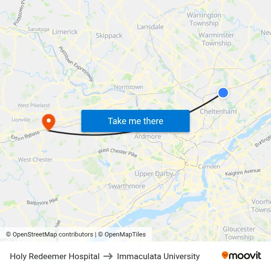 Holy Redeemer Hospital to Immaculata University map