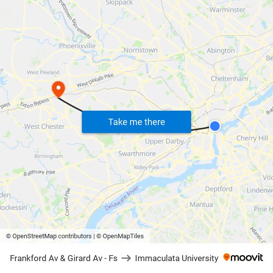 Frankford Av & Girard Av - Fs to Immaculata University map
