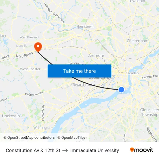 Constitution Av & 12th St to Immaculata University map