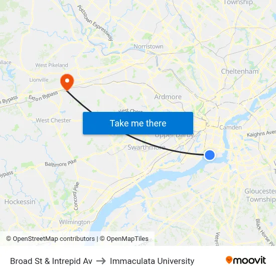 Broad St & Intrepid Av to Immaculata University map