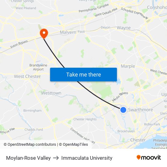 Moylan-Rose Valley to Immaculata University map