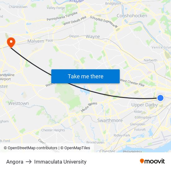 Angora to Immaculata University map