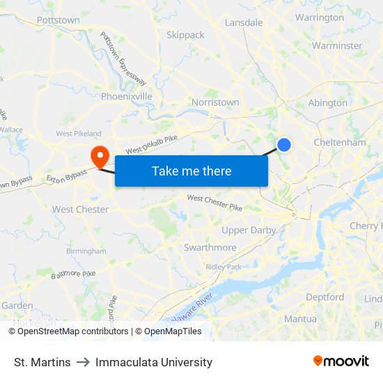 St. Martins to Immaculata University map