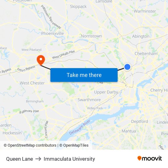 Queen Lane to Immaculata University map