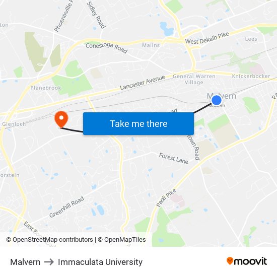 Malvern to Immaculata University map