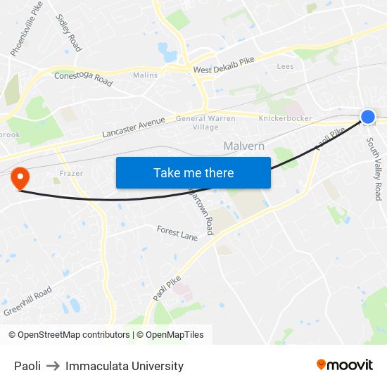 Paoli to Immaculata University map