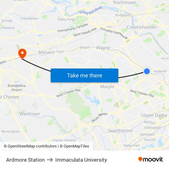 Ardmore Station to Immaculata University map