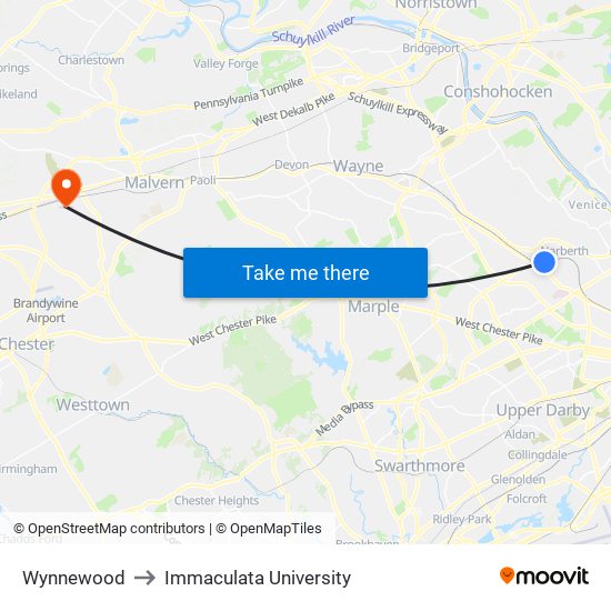 Wynnewood to Immaculata University map