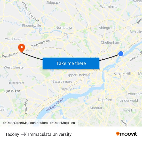Tacony to Immaculata University map