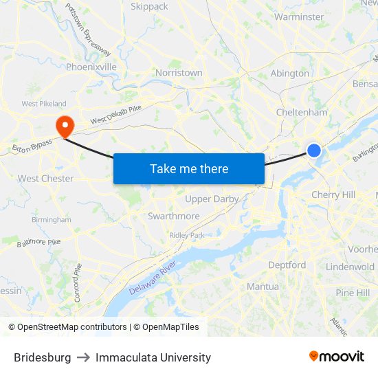 Bridesburg to Immaculata University map