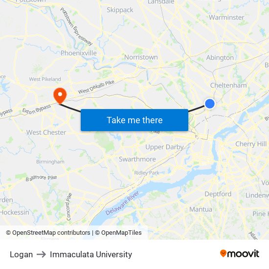 Logan to Immaculata University map