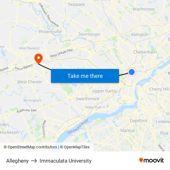 Allegheny to Immaculata University map