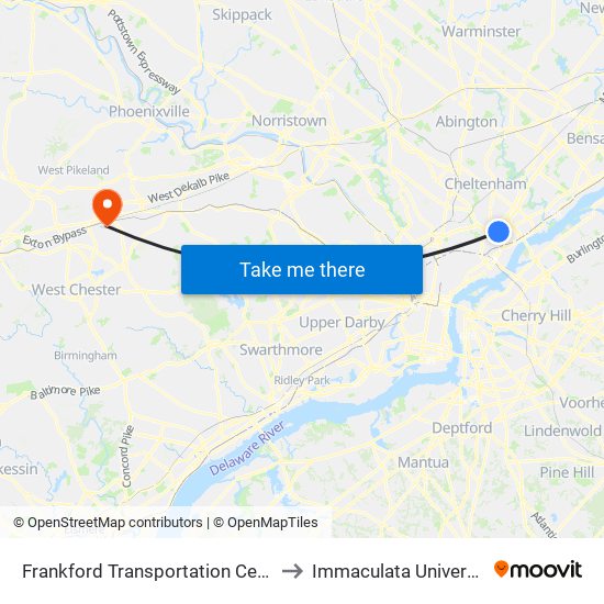 Frankford Transportation Center to Immaculata University map