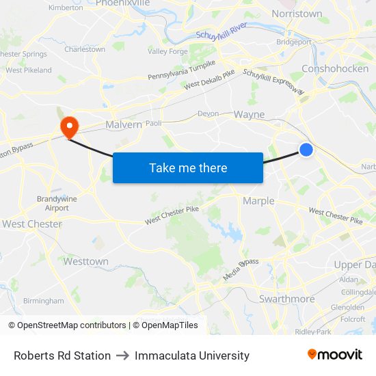 Roberts Rd Station to Immaculata University map