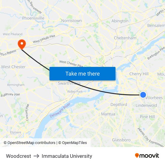 Woodcrest to Immaculata University map