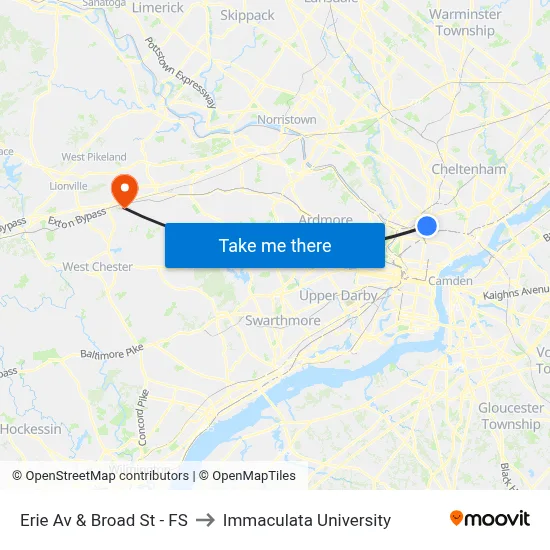 Erie Av & Broad St - FS to Immaculata University map