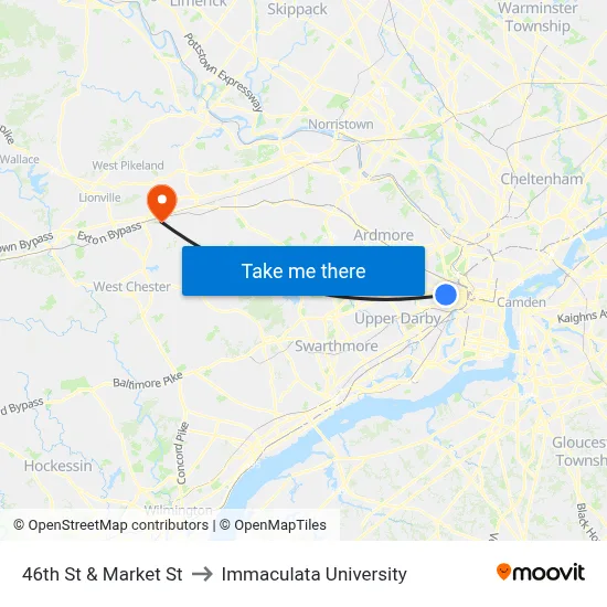 46th St & Market St to Immaculata University map