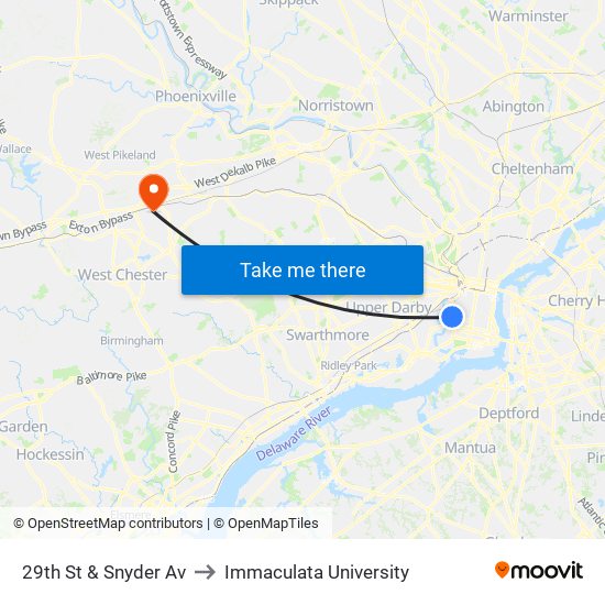 29th St & Snyder Av to Immaculata University map