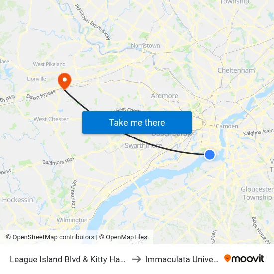 League Island Blvd & Kitty Hawk Av to Immaculata University map