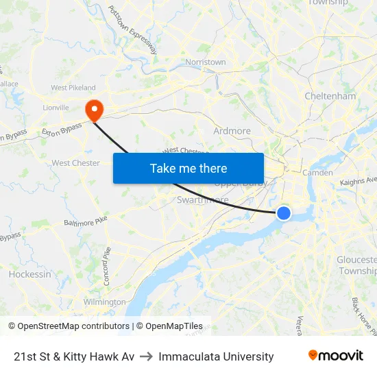 21st St & Kitty Hawk Av to Immaculata University map