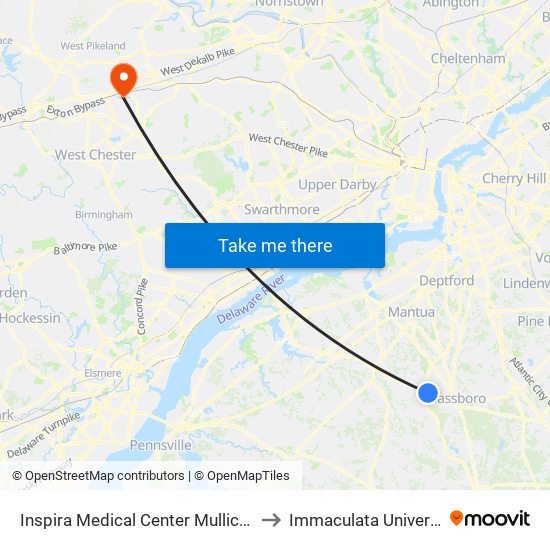 Inspira Medical Center Mullica Hill to Immaculata University map