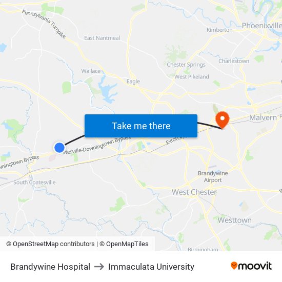 Brandywine Hospital to Immaculata University map
