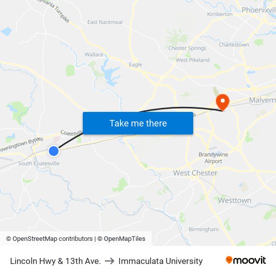 Lincoln Hwy & 13th Ave. to Immaculata University map