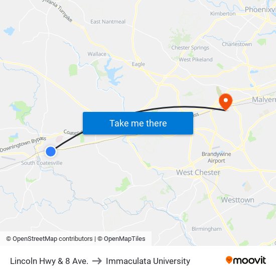 Lincoln Hwy & 8 Ave. to Immaculata University map