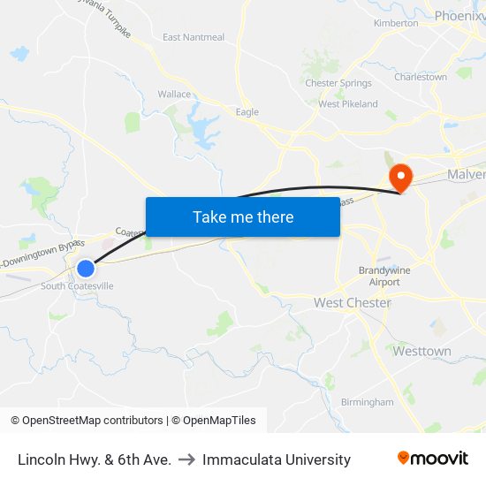 Lincoln Hwy. & 6th Ave. to Immaculata University map