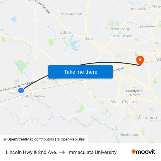 Lincoln Hwy & 2nd Ave. to Immaculata University map