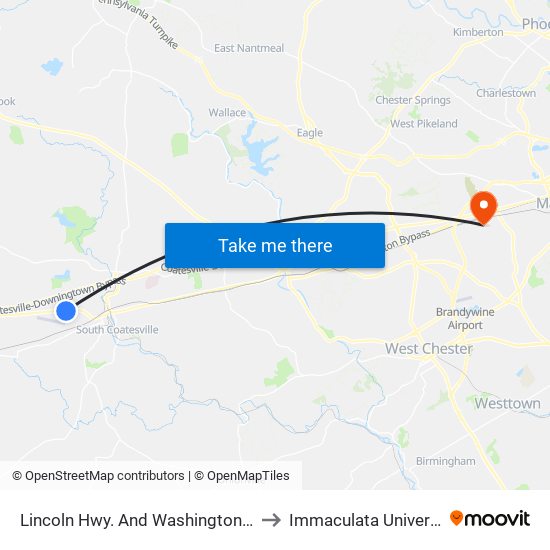 Lincoln Hwy. And Washington Ave. to Immaculata University map