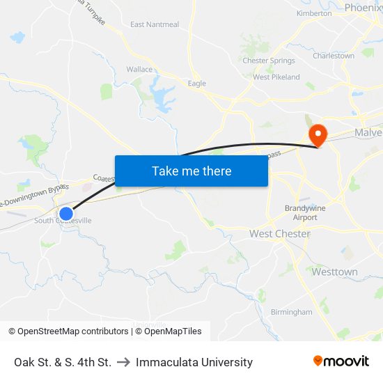 Oak St. & S. 4th St. to Immaculata University map