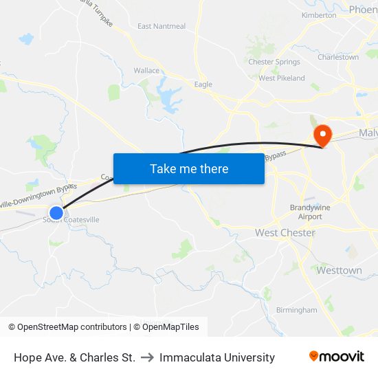 Hope Ave. & Charles St. to Immaculata University map