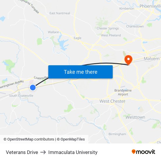 Veterans Drive to Immaculata University map