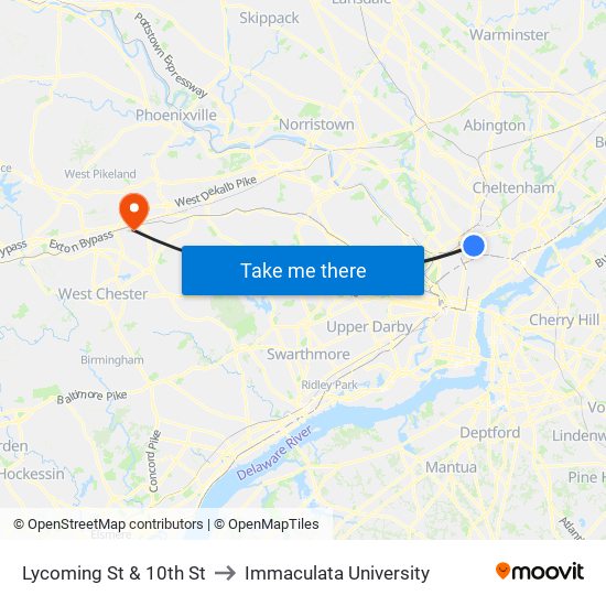 Lycoming St & 10th St to Immaculata University map