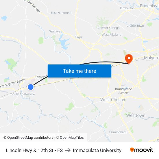 Lincoln Hwy & 12th St - FS to Immaculata University map