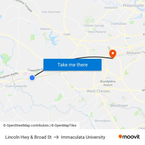 Lincoln Hwy & Broad St to Immaculata University map