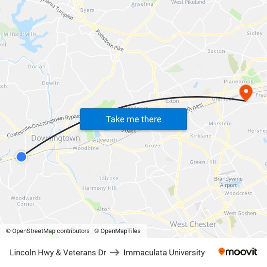Lincoln Hwy & Veterans Dr to Immaculata University map