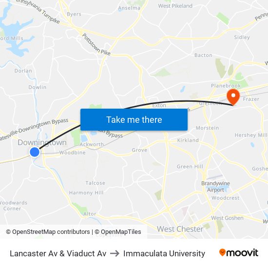Lancaster Av & Viaduct Av to Immaculata University map