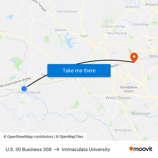 U.S. 30 Business 308 to Immaculata University map