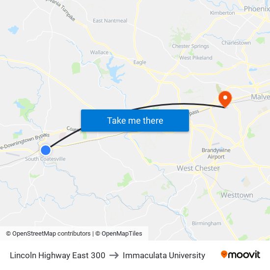 Lincoln Highway East 300 to Immaculata University map