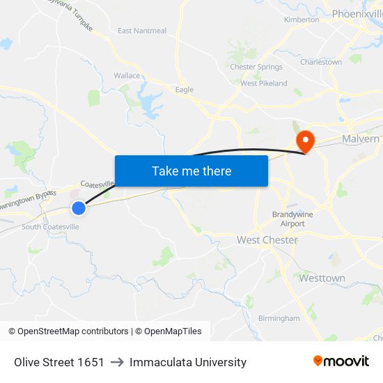 Olive Street 1651 to Immaculata University map